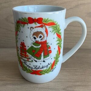 Happy Holidays Lorrie Mug Mouse Sled Presents Wreath Red Green Vintage